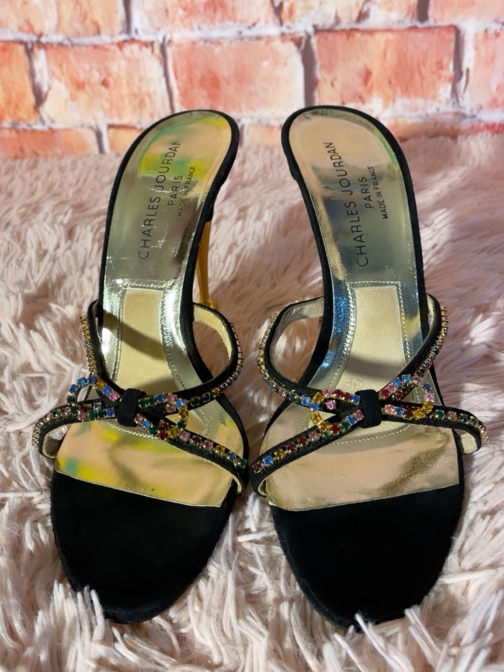 Charles Jourdan Black Multicolor Gem-Strap Heels